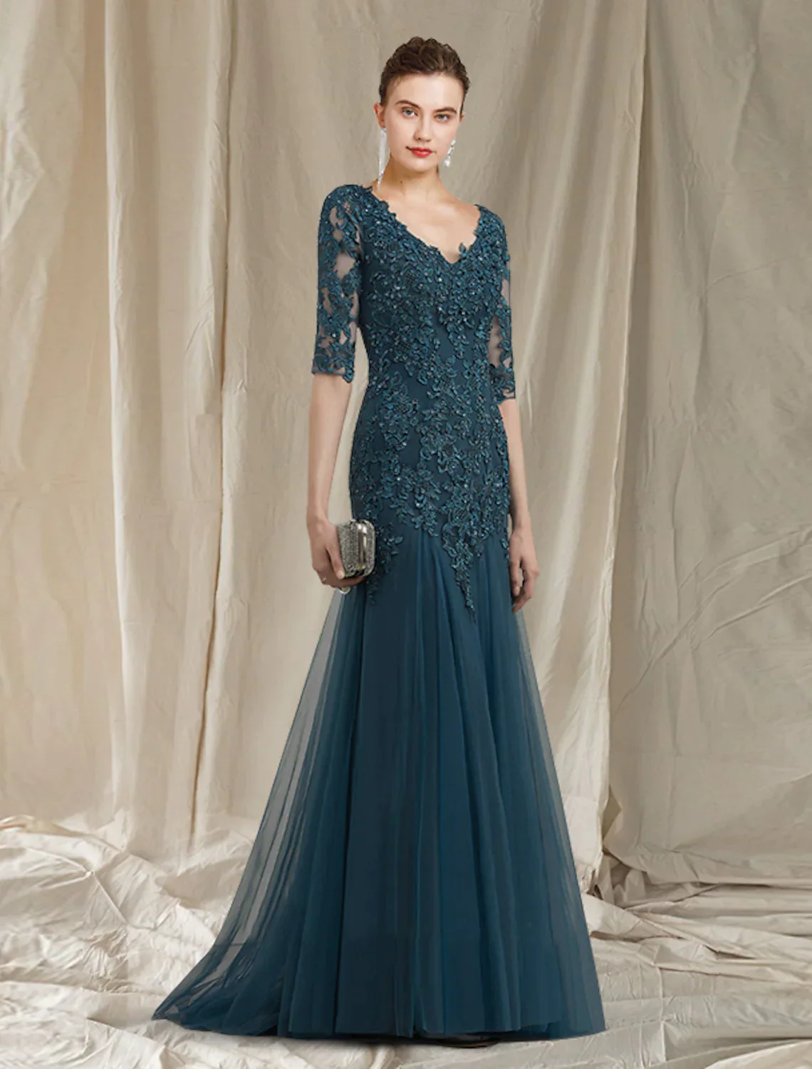 A-Line Mother of the Bride Dress Elegant V Neck Train Lace Tulle Half Sleeve No with Ruffles Appliques - TREBLEV