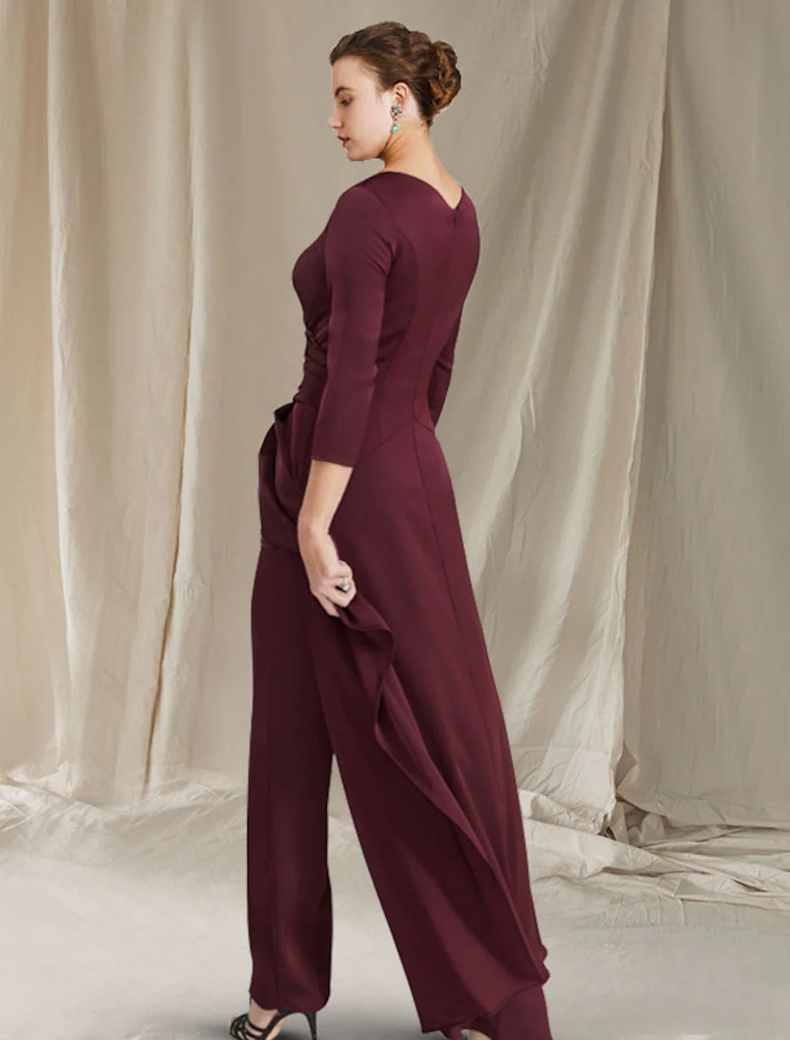 Jumpsuit / Pantsuit Mother of the Bride Dress Elegant V Neck Floor Length Chiffon 3/4 Length Sleeve with Ruched Ruffles - TREBLEV