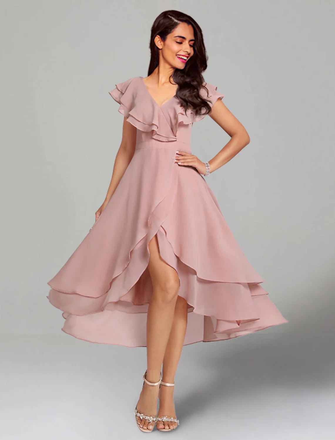 A-Line Wedding Guest Dresses Elegant Dress Cocktail Party Tea Length Short Sleeve V Neck Chiffon with Slit - TREBLEV