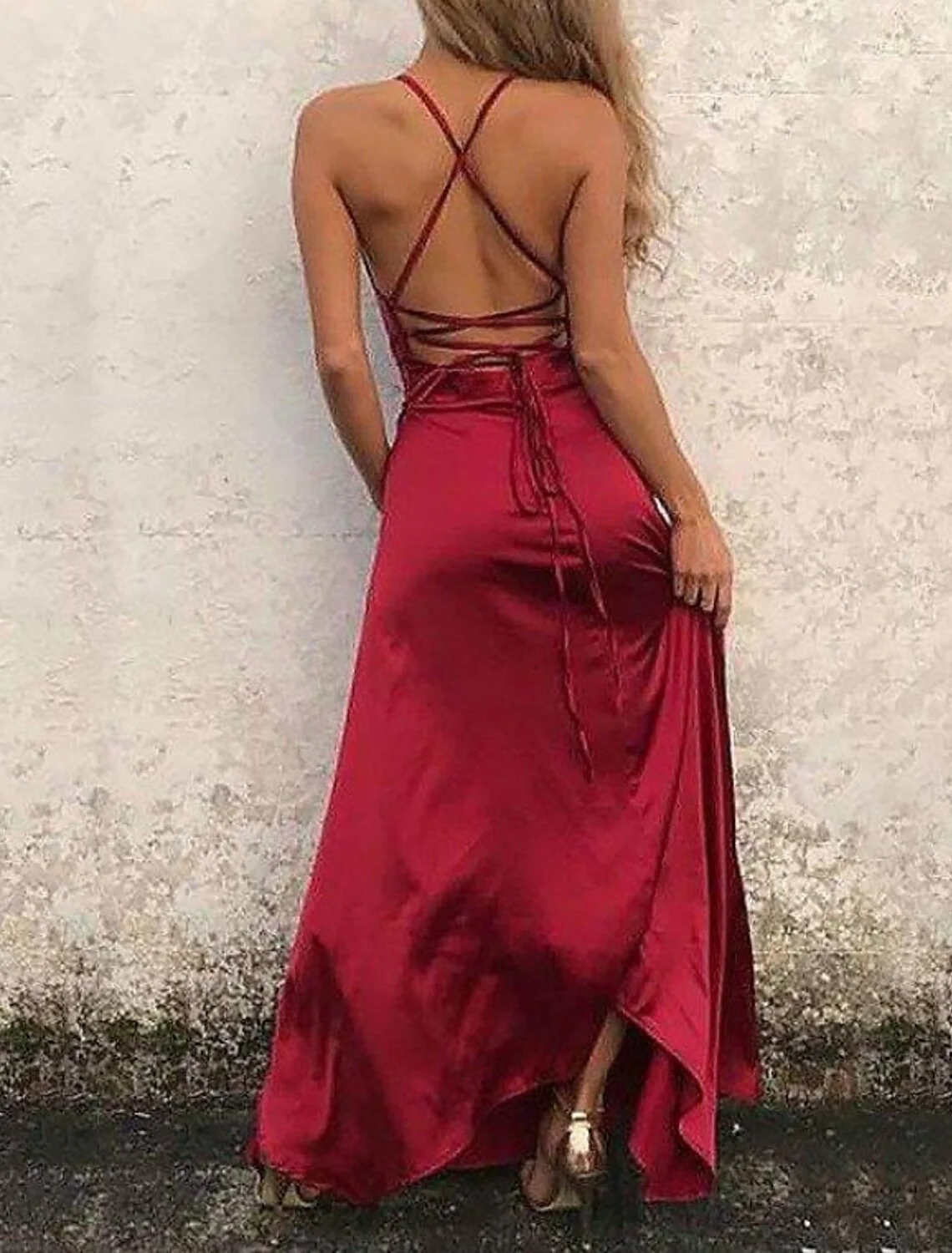A-Line Beautiful Back Sexy High Split Engagement Prom Formal Evening Dress Spaghetti Strap Sleeveless Floor Length Satin with Ruffles Slit - TREBLEV