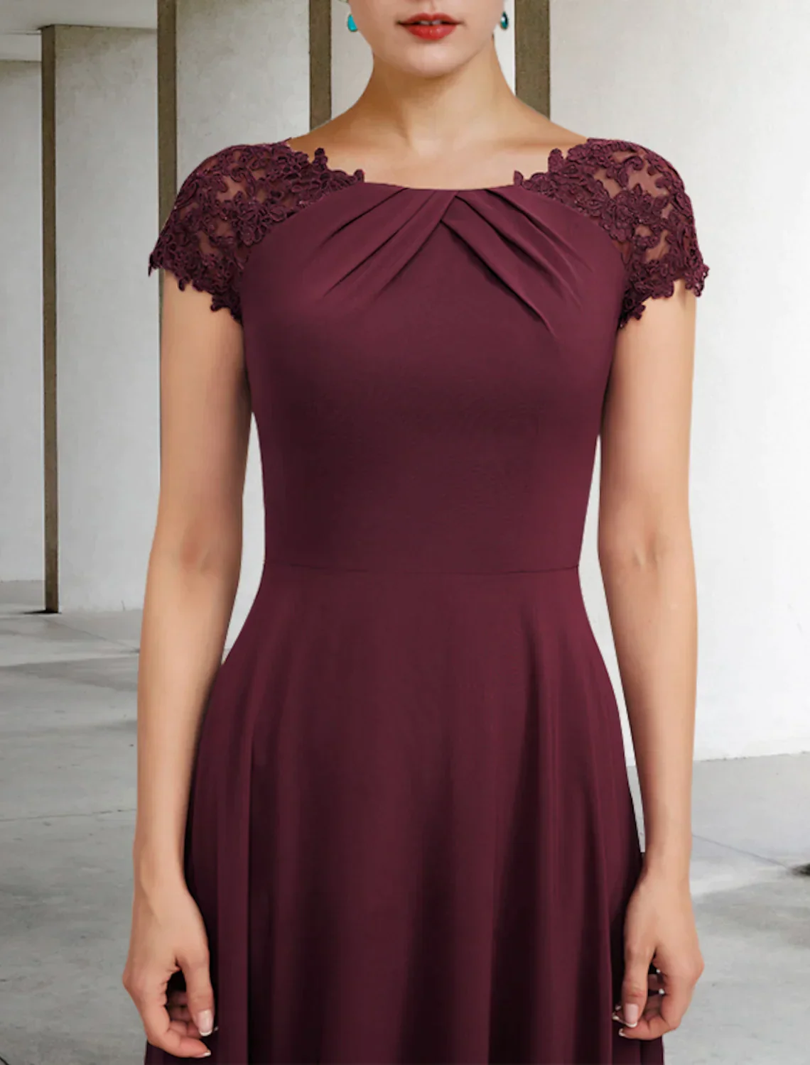 A-Line Mother of the Bride Dress Elegant Floor Length Chiffon Lace Short Sleeve Appliques Ruching - TREBLEV