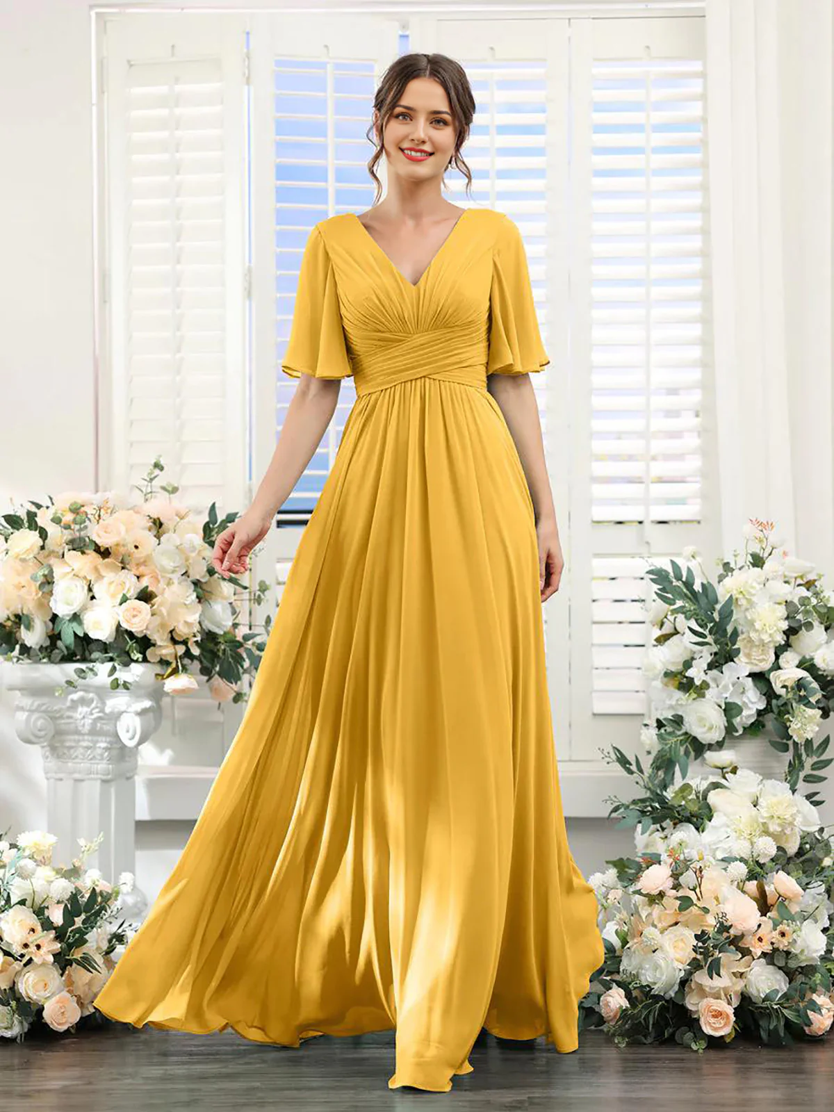 A-Line V Neck Sleeve Bridesmaid Dress for Wedding Guest Long Chiffon Party Dresses with Slit - TREBLEV