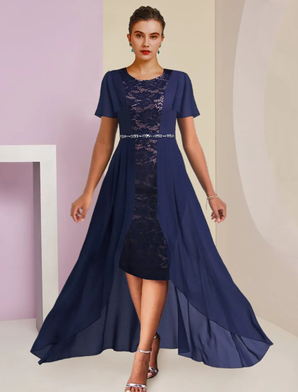 Sheath / Column Mother of the Bride Dress Formal Wedding Guest Elegant Scoop Neck Asymmetrical Tea Length Chiffon Lace 3/4 Length Sleeve with Crystal Brooch - TREBLEV