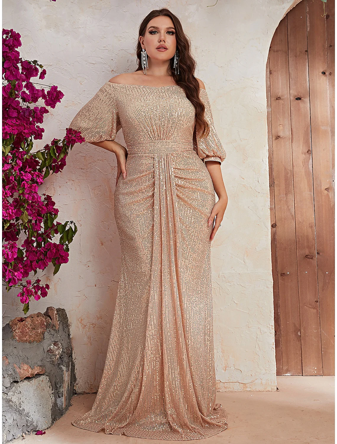 A-Line Wedding Guest Dresses Sparkle & Shine Dress Formal Sweep / Brush Train Half Sleeve Off Shoulder Polyester with Beading - TREBLEV