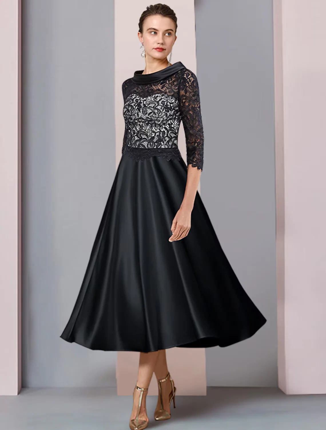 A-Line Mother of the Bride Dress Formal Wedding Guest Party Elegant Neck Satin Lace Half Sleeve with Pleats Appliques - TREBLEV