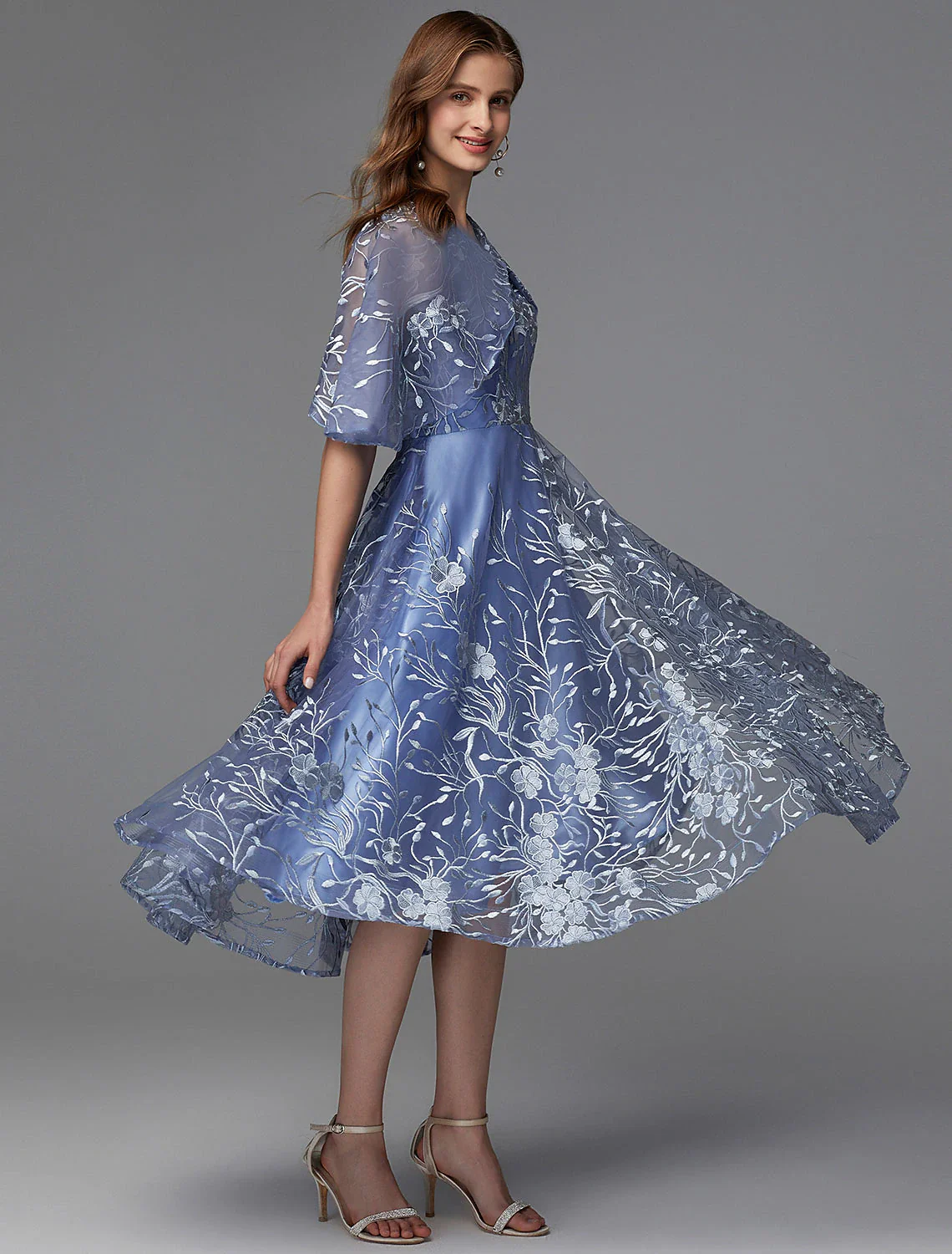 A-Line Floral Dress Wedding Guest Tea Length Sleeveless V Neck Lace V Back with Pattern / Print Appliques - TREBLEV