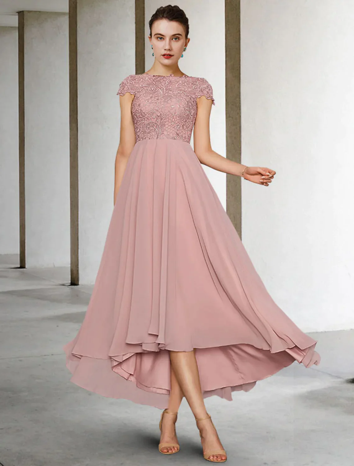 A-Line Mother of the Bride Dress Elegant Asymmetrical Chiffon Lace Sleeve Ruching - TREBLEV