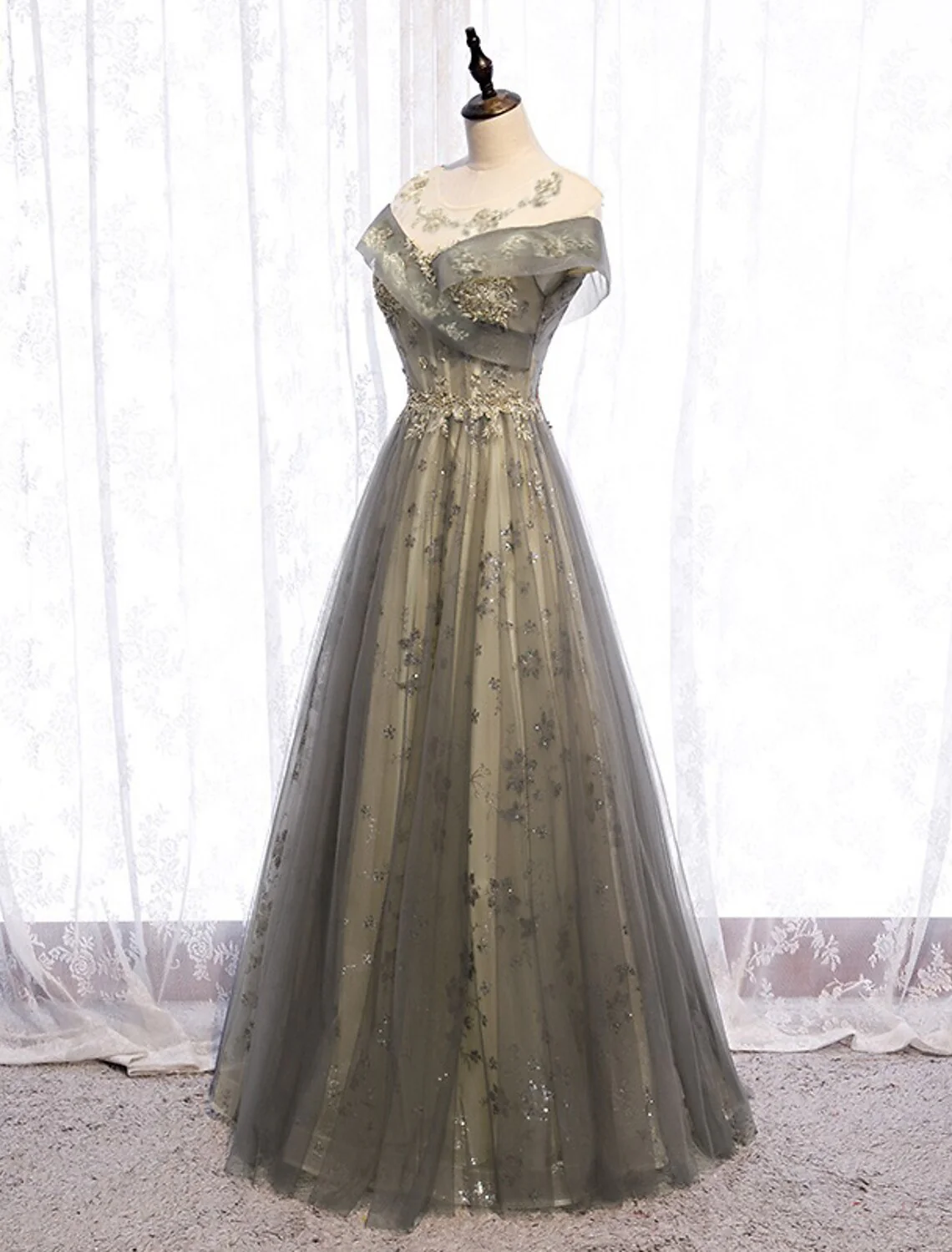 A-Line Evening Gown Elegant Dress Wedding Guest Floor Length Short Sleeve Illusion Neck Tulle with Pleats - TREBLEV