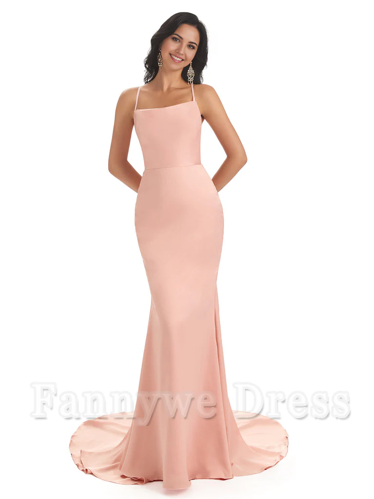 Mermaid Spaghetti Backless Straps Satin Long formal dresses evening gown Bridesmaid Dresses - TREBLEV