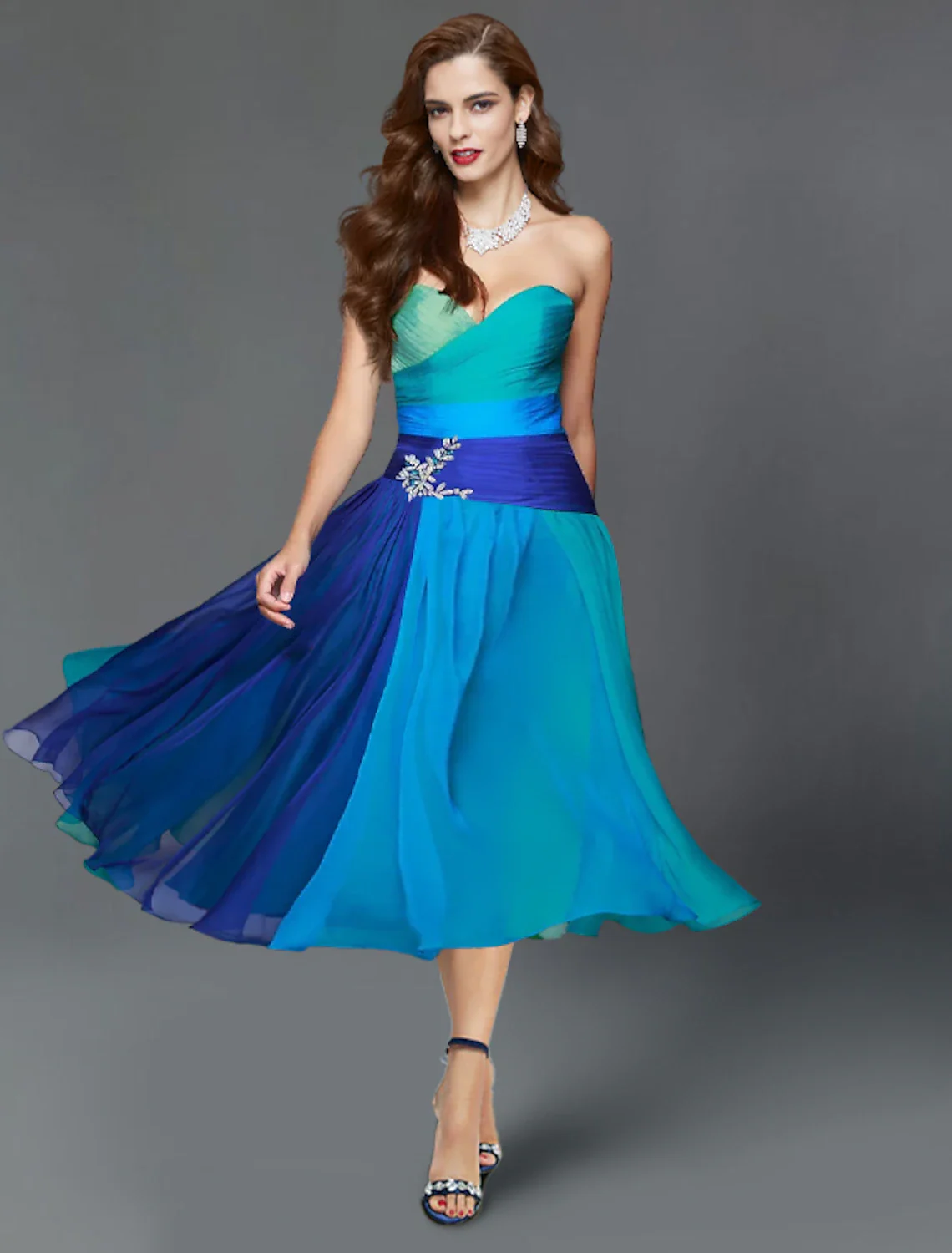 A-Line Wedding Guest Dresses Color Block Dress Summer Tea Length Short Sleeve Strapless Chiffon with Ruched - TREBLEV