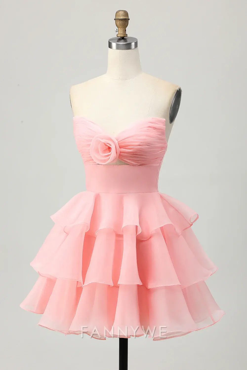 FannyWe Elegant Blush Floral Strapless Ruched Short Homecoming Dress with Ruffles formal wear dresses - TREBLEV