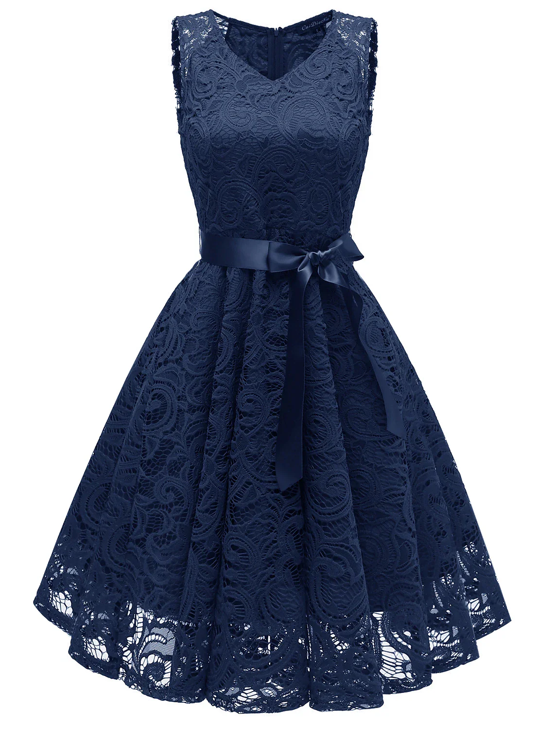A-Line Cocktail Dresses Minimalist Dress Homecoming Short / Mini Sleeveless V Neck Lace with Bow(s) Pleats - TREBLEV