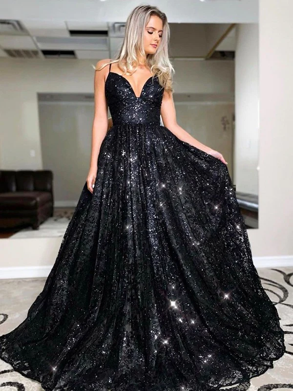 A-Line/Princess Floor-Length V-neck Sequin Sleeveless Sequins Dresses - TREBLEV
