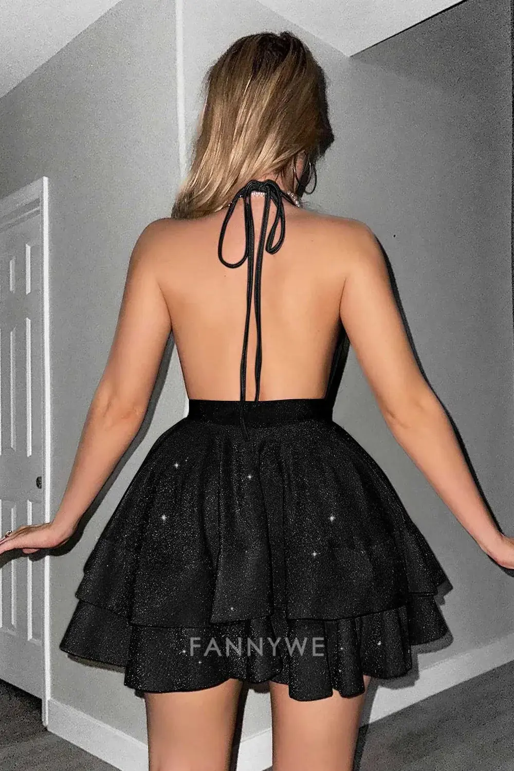 FannyWe Elegant Glitter Black Halter Tiered A Line Short Homecoming Dress hot sale - TREBLEV
