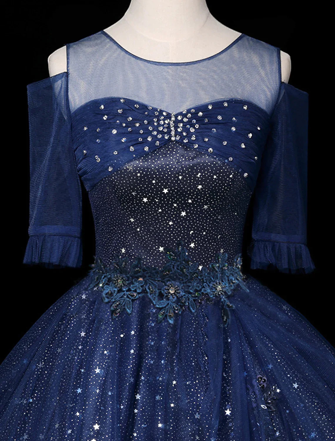 Sparkle Elegant Quinceanera Prom Dress Half Sleeve Floor Length Tulle with Sequin - TREBLEV