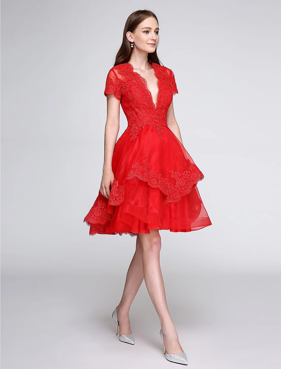 Ball Gown Cute Dress Cocktail Party Knee Length Short Sleeve Plunging Neck Organza with Buttons Appliques - TREBLEV