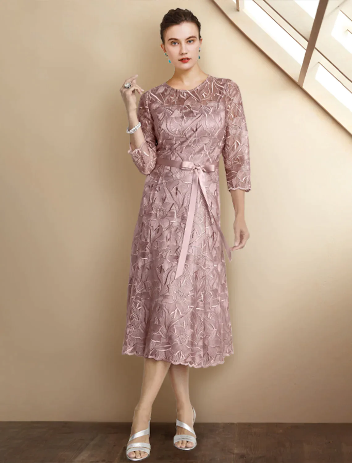 A-Line Mother of the Bride Dress Elegant Lace Charmeuse Sleeve with Bow(s) Appliques - TREBLEV