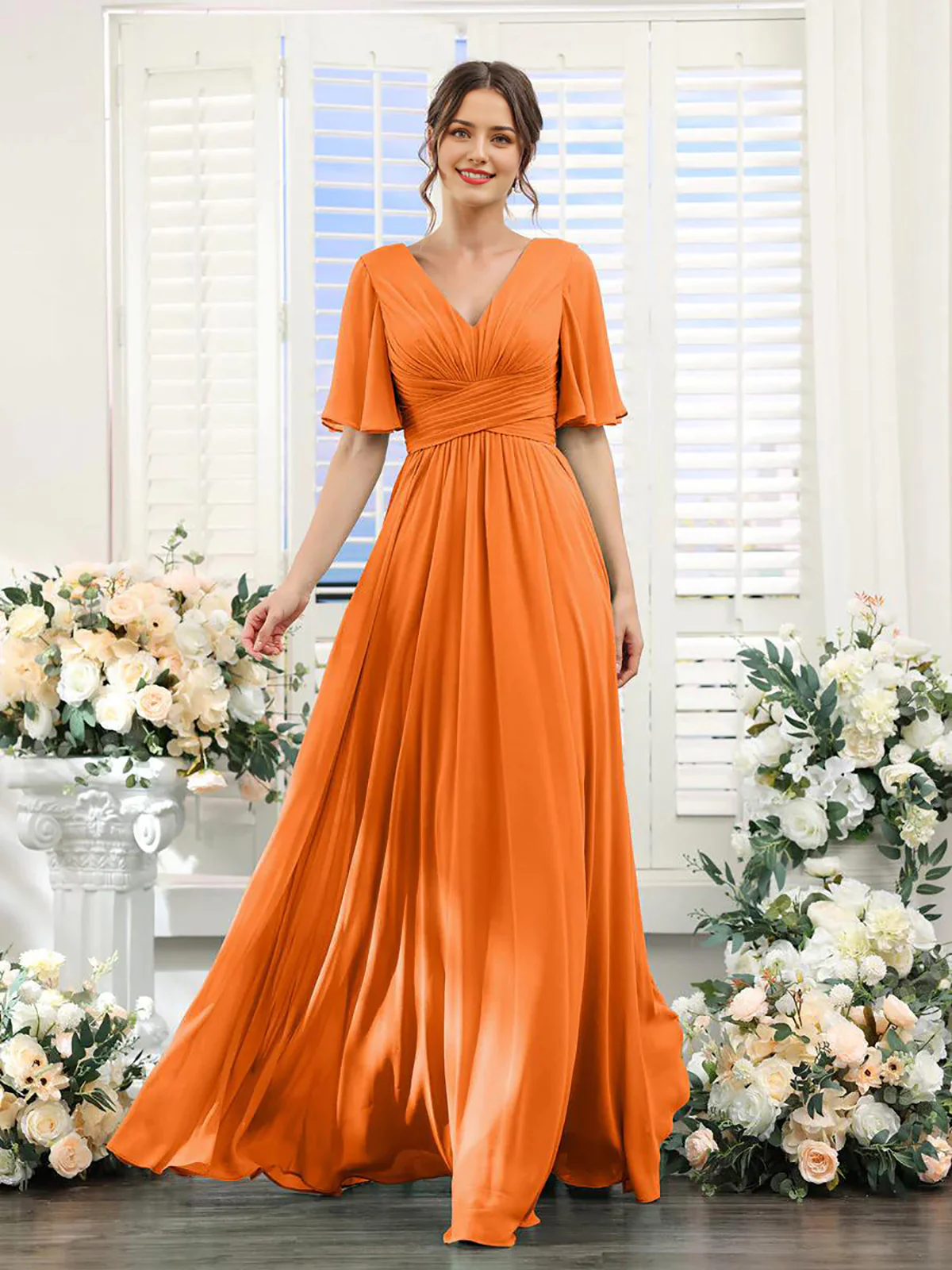 A-Line V Neck Sleeve Long Chiffon Formal Party Dresses for Wedding Guest Bridesmaid Dress - TREBLEV
