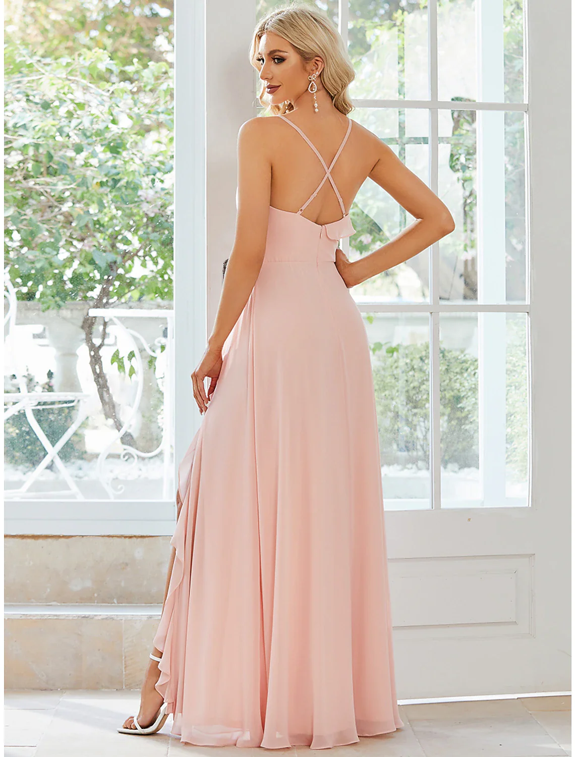 A-Line Wedding Guest Dresses Casual Dress Party Wear Floor Length Sleeveless Spaghetti Strap Chiffon with Ruffles Slit - TREBLEV