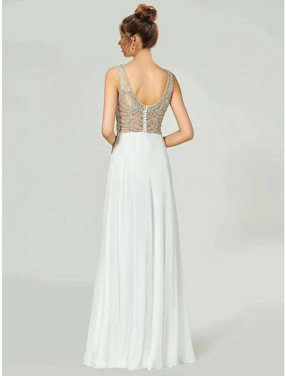 A-Line Evening Gown Open Back Dress Formal Floor Length Sleeveless V Neck Chiffon with Rhinestone - TREBLEV