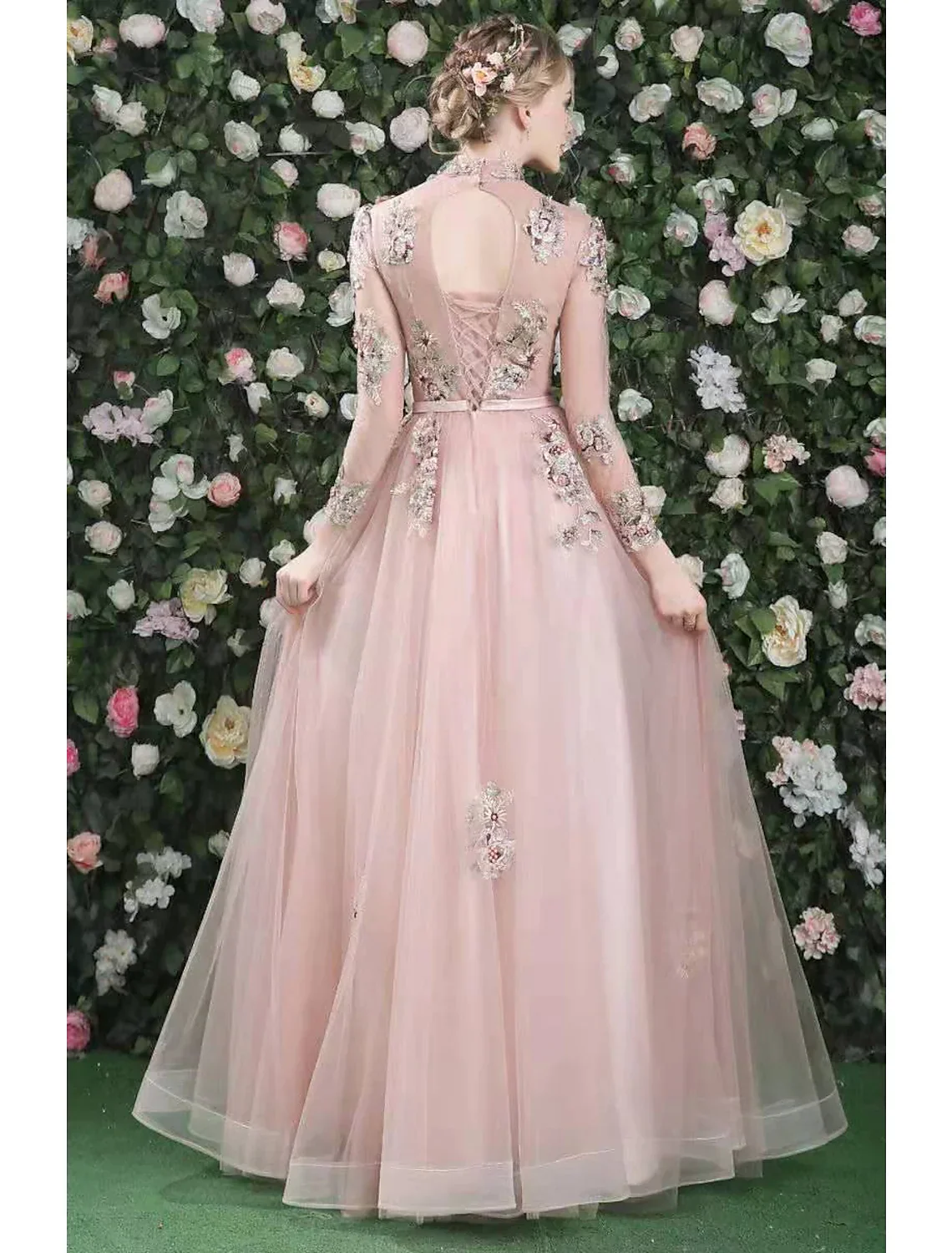 A-Line Cut Out Floral Prom Formal Evening Dress High Neck Long Sleeve Floor Length with Embroidery - TREBLEV