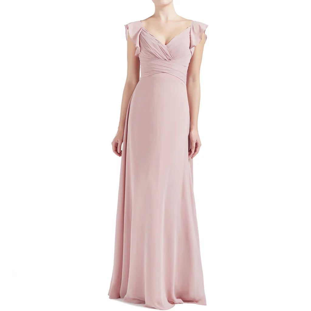 V Neck Ruffle Cap Sleeve Long Bridesmaid Dresses - TREBLEV