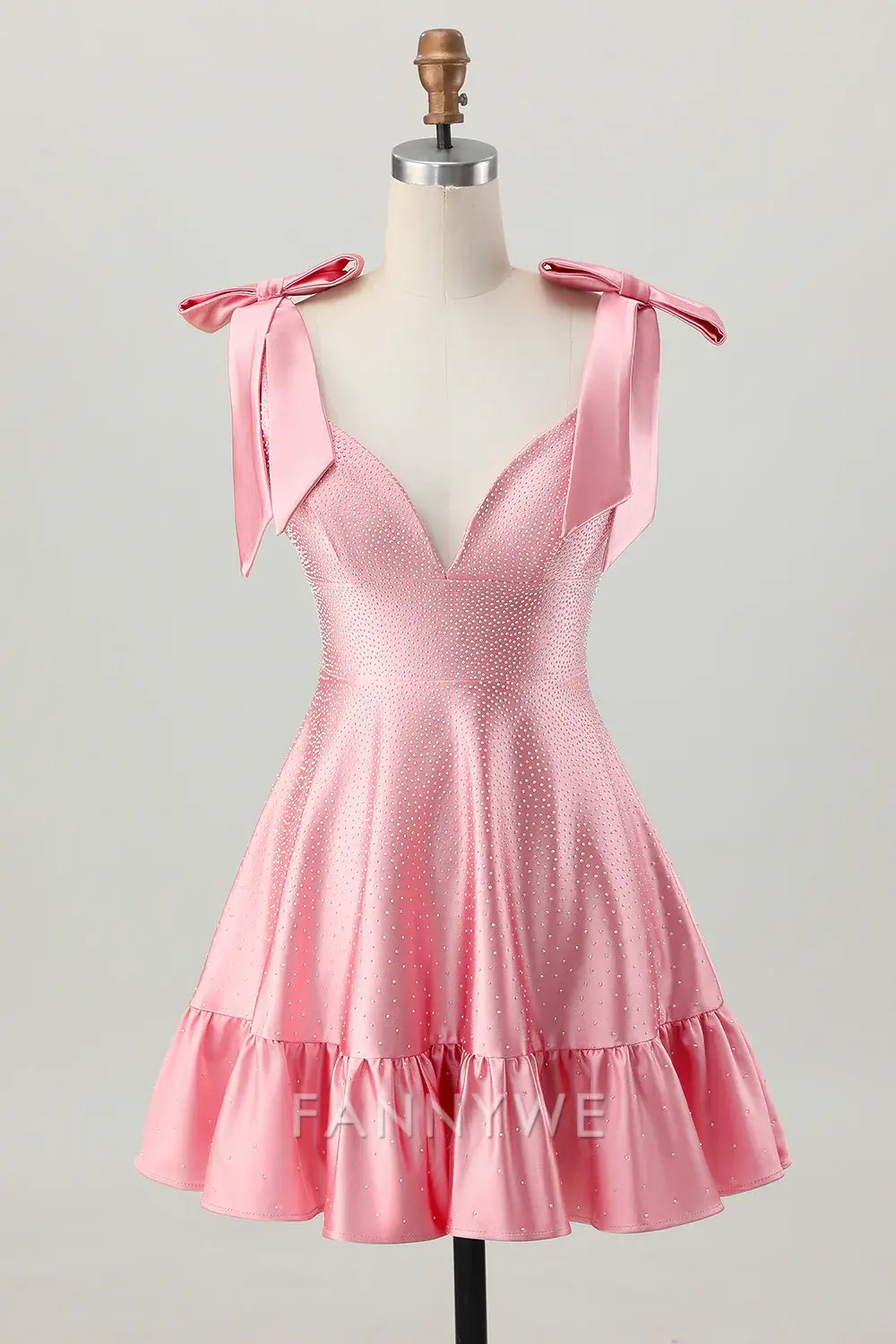 FannyWe Elegant Sparkly Blush Pink A Line Satin Short Beaded Homecoming Dress with Bow - TREBLEV