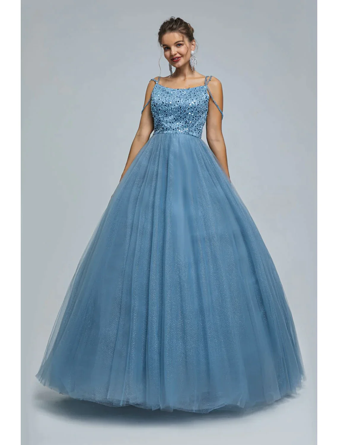 Sparkle Shine Dress Graduation Floor Length Sleeveless Strap Tulle with Pearls Sequin - TREBLEV