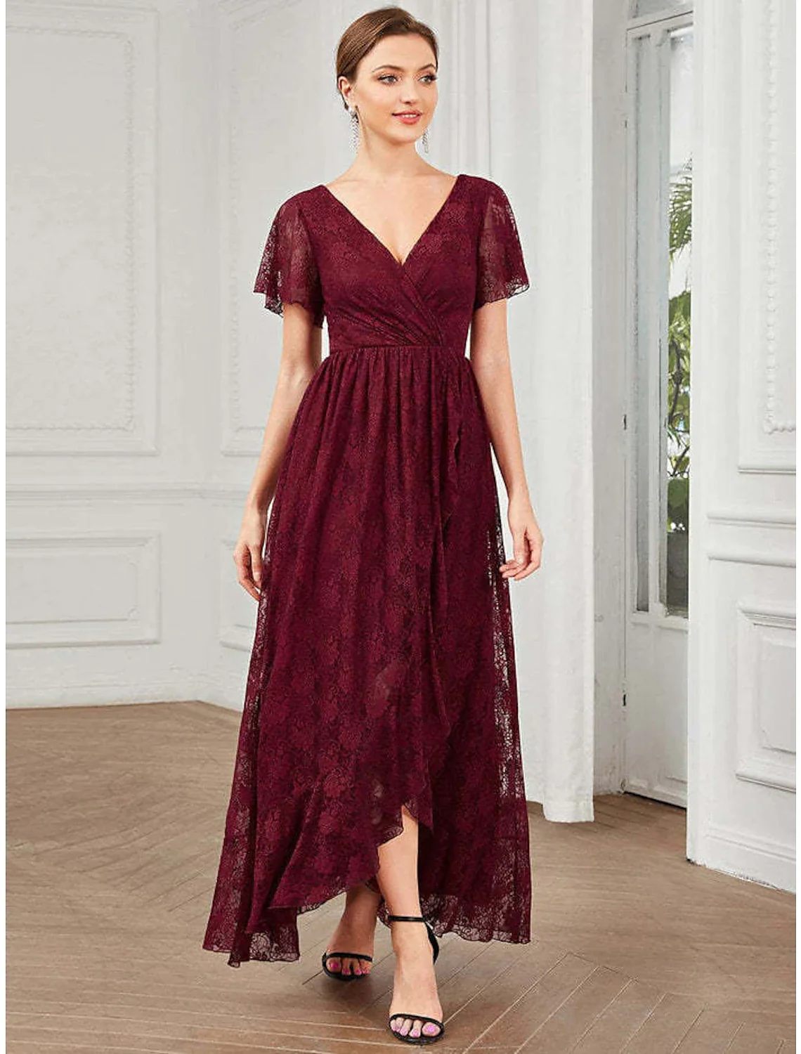 A-Line Wedding Guest Dresses Elegant Dress Holiday Asymmetrical Short Sleeve V Neck Lace with Appliques - TREBLEV