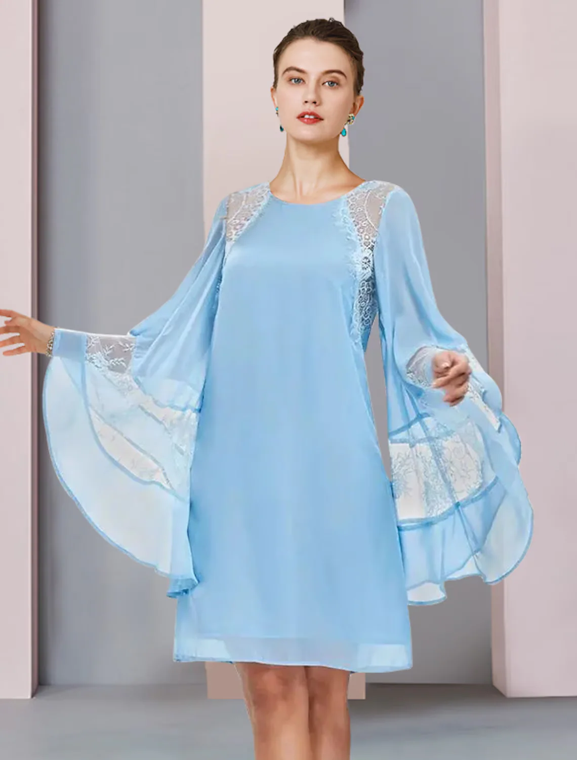 A-Line Mother of the Bride Dress Formal Wedding Guest Plus Size Elegant Jewel Neck Short Mini Lace Long Sleeve with Ruffles - TREBLEV