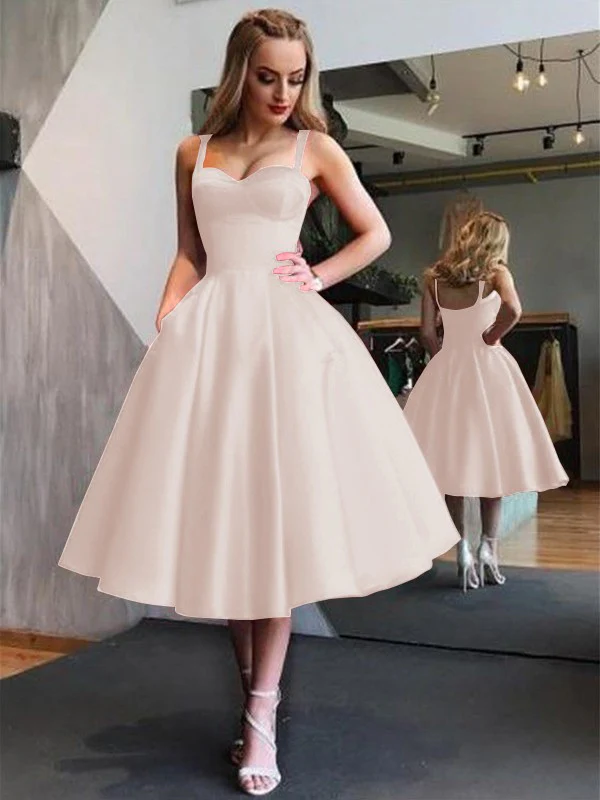 A-Line Straps Satin Sleeveless With Ruffles Tea-Length Dresses - TREBLEV