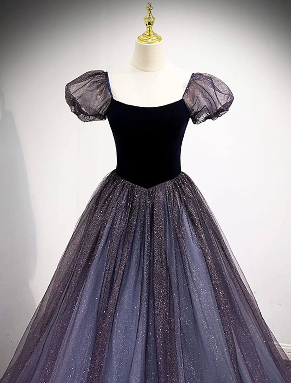 Dresses Engagement Floor Length Short Sleeve Square Neck Tulle with Sequin Splicing - TREBLEV