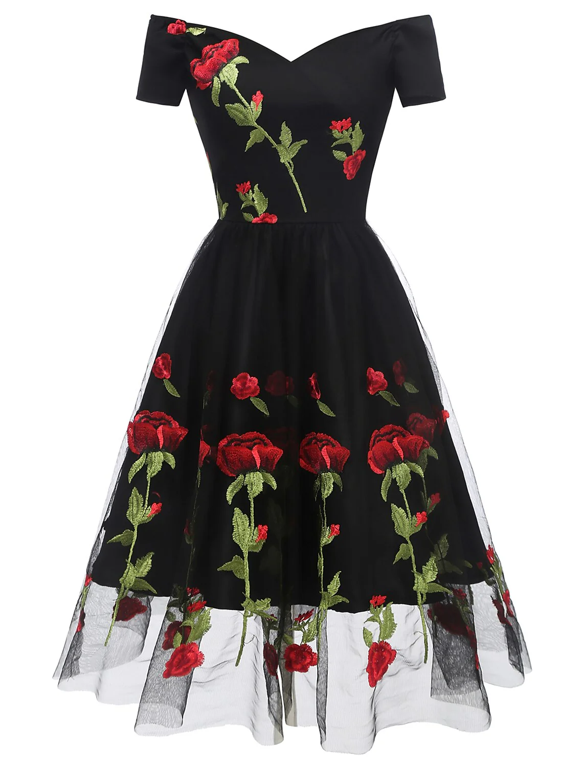 A-Line Cocktail Dresses Party Dress Holiday Knee Length Short Sleeve Off Shoulder Organza with Embroidery Appliques - TREBLEV
