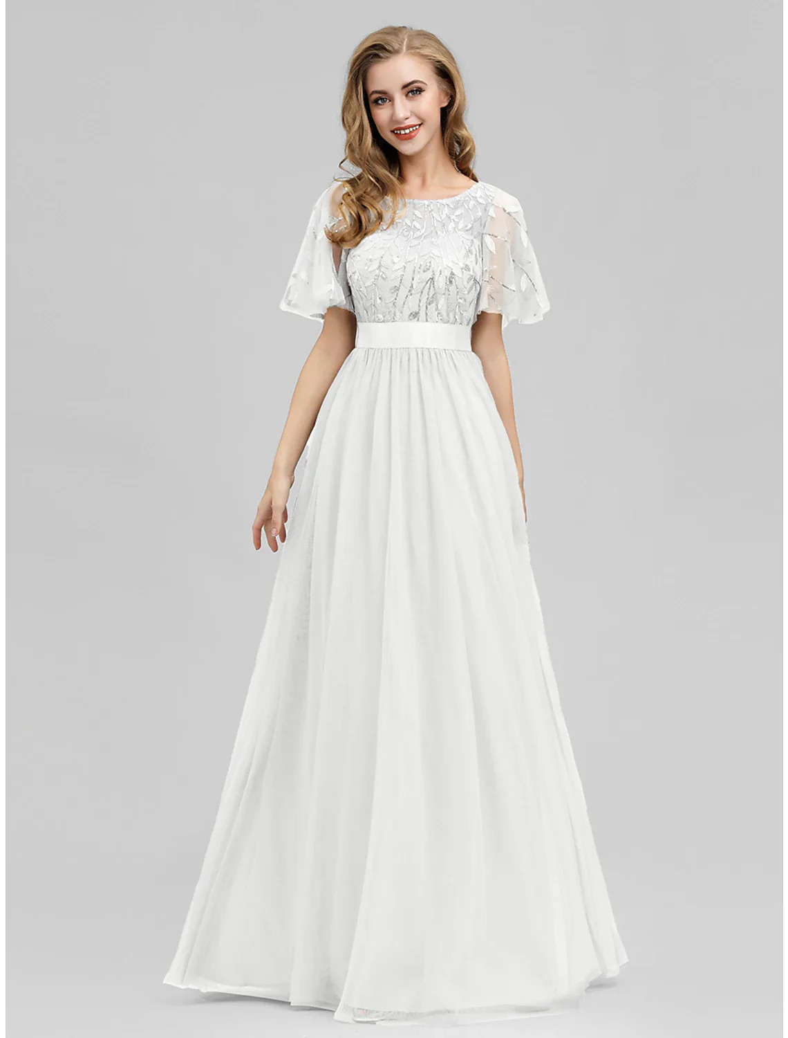 A-Line Prom Dresses Empire Dress Wedding Guest Floor Length Short Sleeve Jewel Neck Tulle with Sequin Appliques - TREBLEV