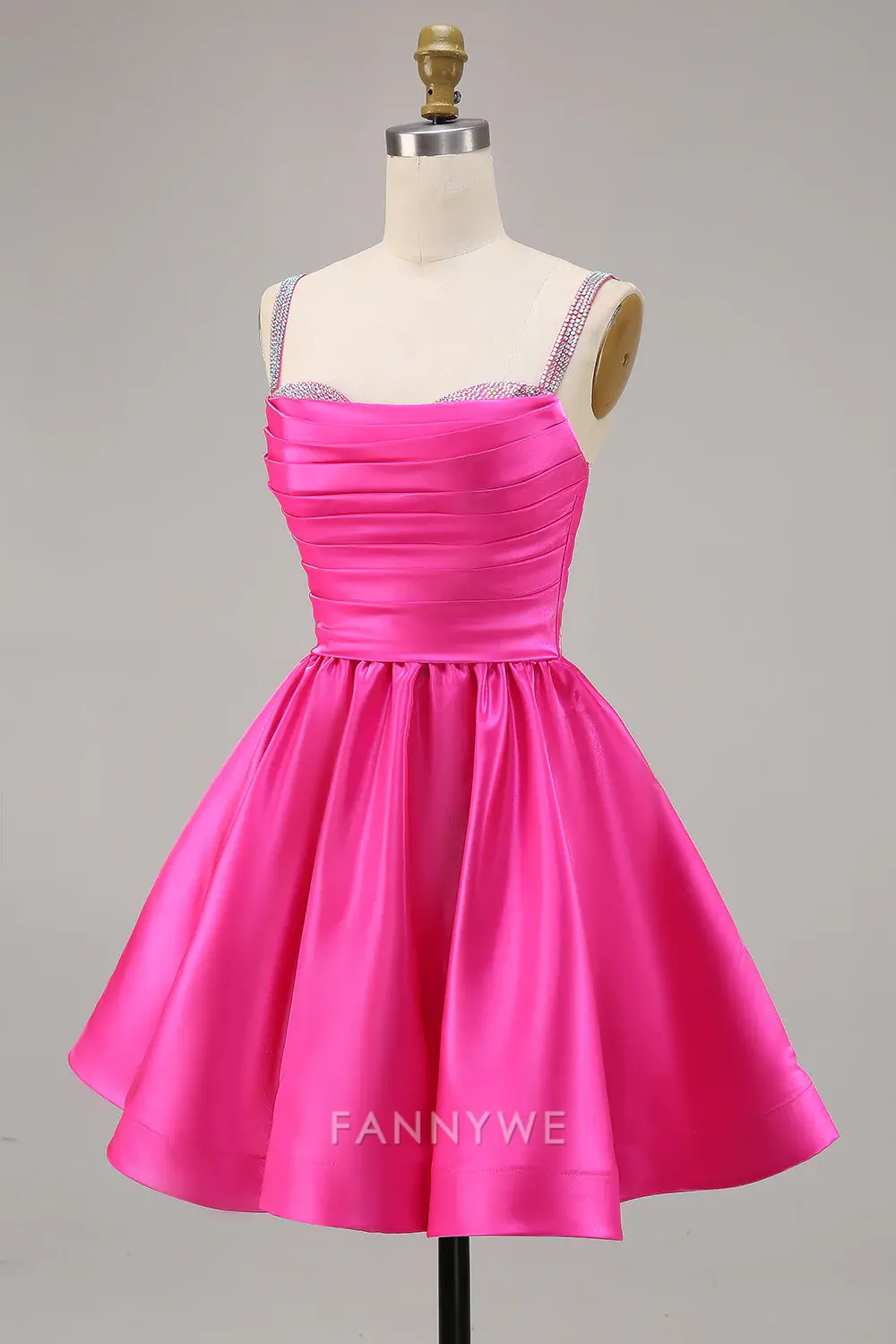 FannyWe Elegant Sparkly Fuchsia Ruched Satin Short Homecoming Dress with Beading hot sale - TREBLEV