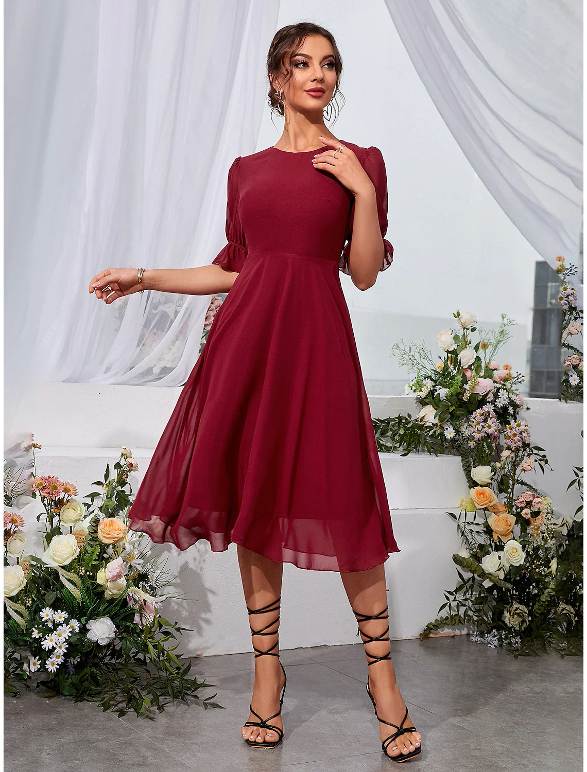 A-Line Wedding Guest Dresses Elegant Dress Holiday Tea Length Half Sleeve Jewel Neck Chiffon with Fringe - TREBLEV