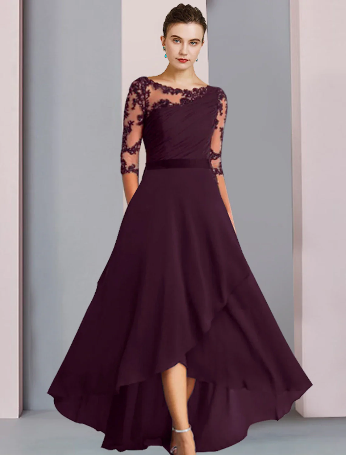 A-Line Mother of the Bride Dress Wedding Guest Elegant High Low Scoop Neck Asymmetrical Tea Length Chiffon Lace Half Sleeve with Appliques Side-Draped - TREBLEV