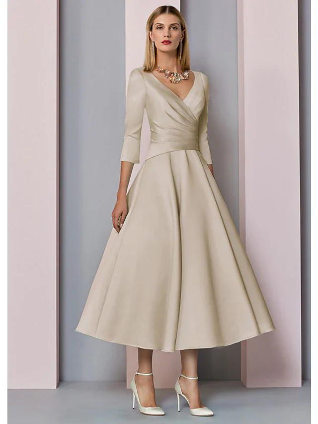 A-Line Mother of the Bride Dress Wedding Guest Vintage Plus Size Elegant V Neck Tea Length Satin 3/4 Length Sleeve with Pleats - TREBLEV