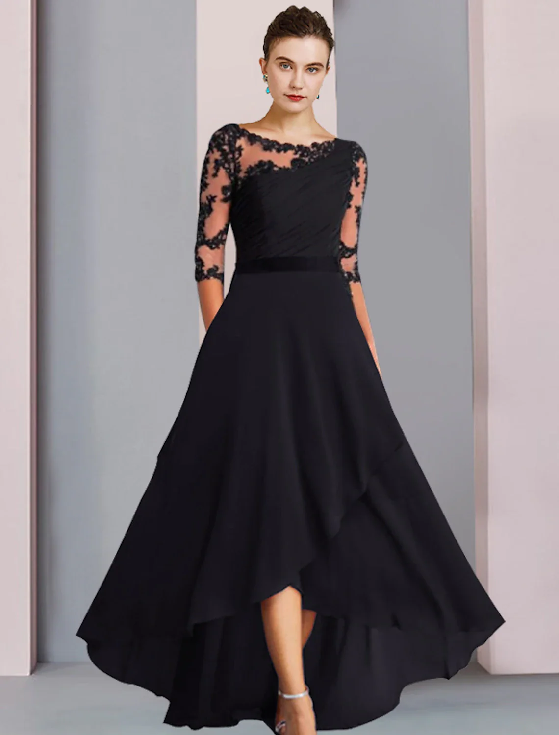 A-Line Mother of the Bride Dress Wedding Guest Elegant High Low Scoop Neck Asymmetrical Tea Length Chiffon Lace Half Sleeve with Appliques Side-Draped - TREBLEV