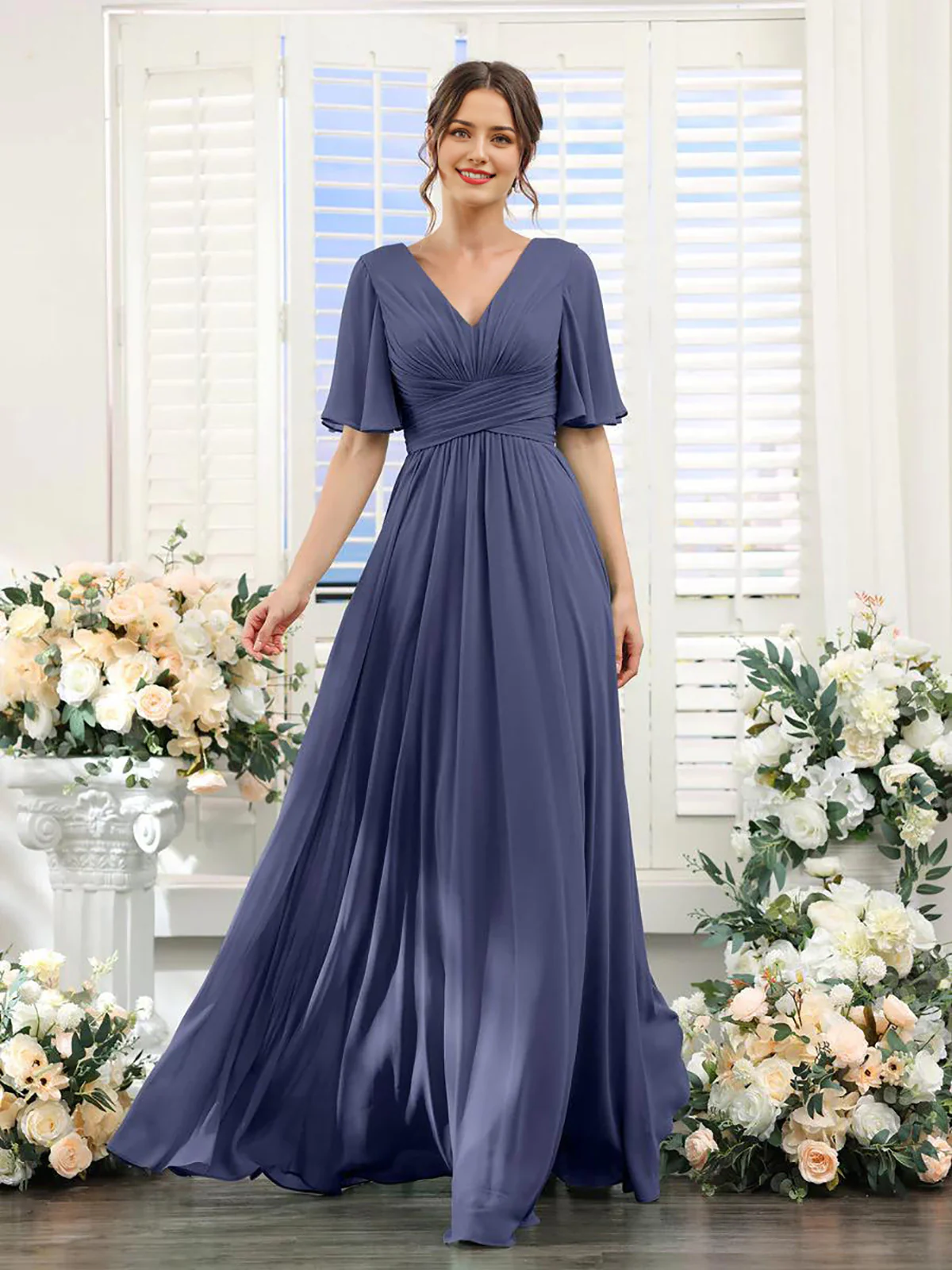 A-Line V Neck Sleeve Bridesmaid Dress for Wedding Guest Long Chiffon Party Dresses with Slit - TREBLEV