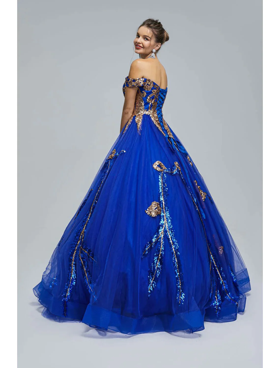 Sparkle Shine Dress Quinceanera Floor Length Sleeveless Off Shoulder Tulle with Sequin - TREBLEV