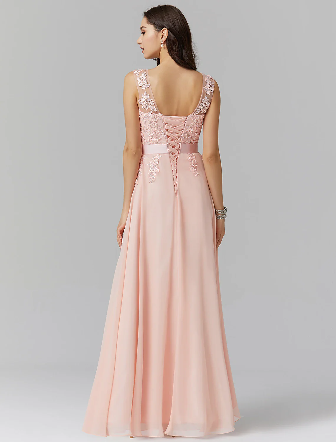 A-Line Evening Gown High Waisted Prom Dress Bridesmaid Wedding Guest Chiffon Floor Length Sleeveless Illusion Neck Georgette with Appliques - TREBLEV