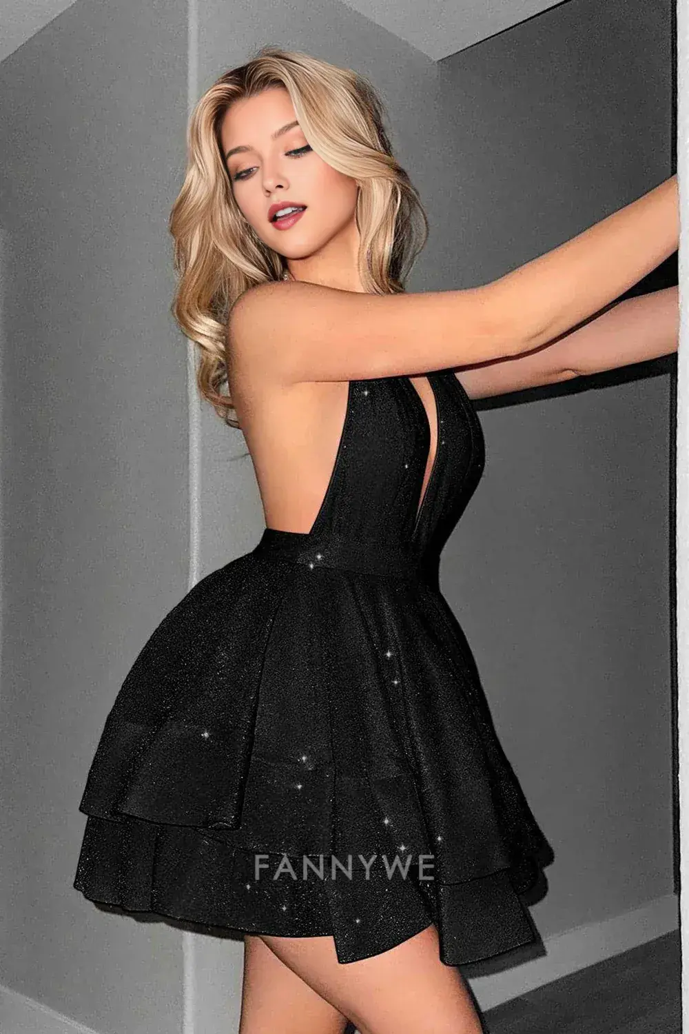 FannyWe Elegant Glitter Black Halter Tiered A Line Short Homecoming Dress hot sale - TREBLEV