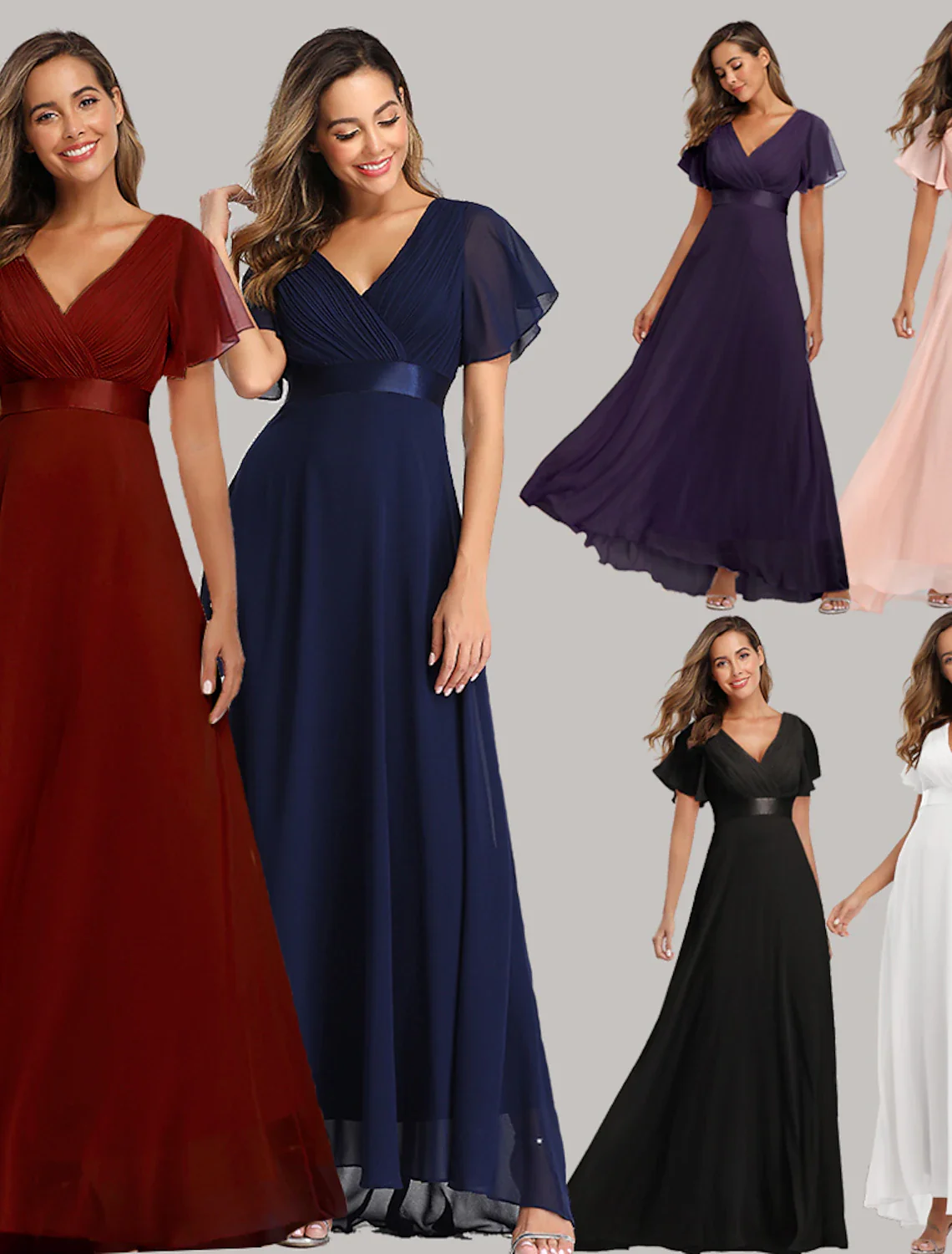A-Line Prom Dresses Maxi Dress Fall Wedding Guest Dress For Bridesmaid Floor Length Short Sleeve V Neck Chiffon V Back with Ruched Ruffles - TREBLEV
