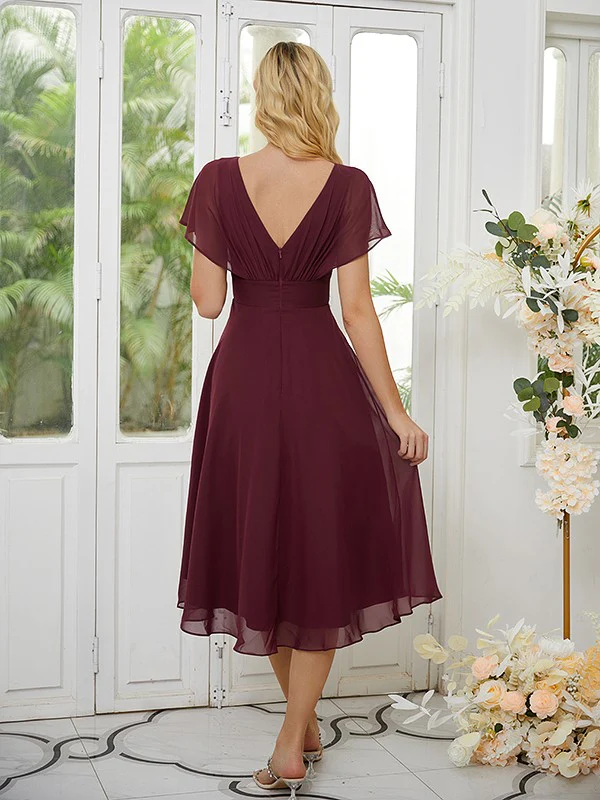 A-Line/Princess Chiffon Ruched Scoop Short Sleeves Asymmetrical Bridesmaid Dresses - TREBLEV