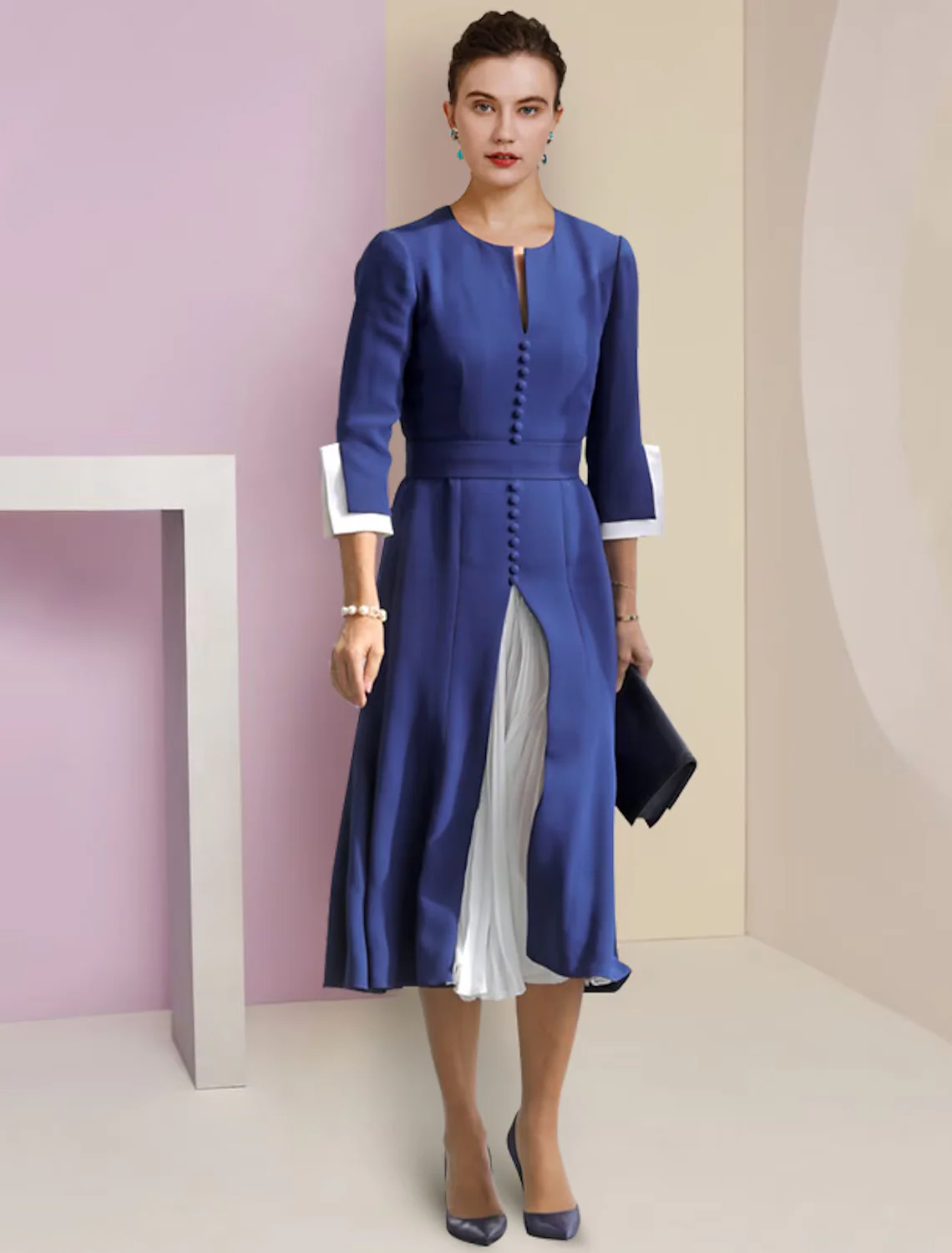 A-Line Mother of the Bride Dress Formal Wedding Guest Elegant Scoop Neck Length Stretch Chiffon Length Sleeve with Buttons - TREBLEV