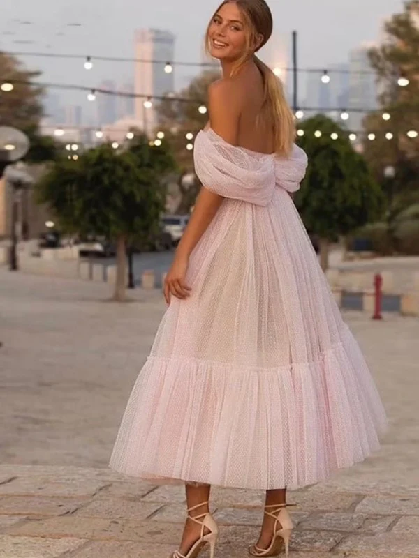 A-Line/Princess Tulle Ruffles Off-the-Shoulder Sleeveless Tea-Length Homecoming Dresses - TREBLEV