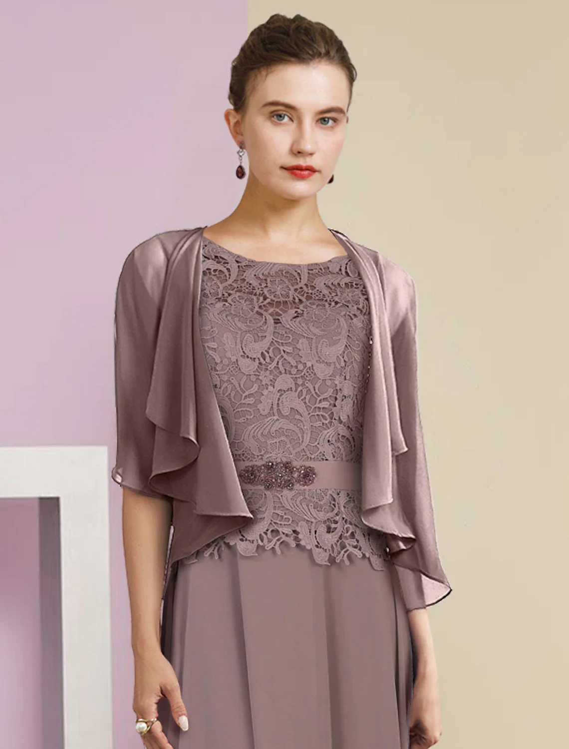 Two Piece A-Line Mother of the Bride Dress Formal Wedding Guest Elegant Scoop Neck Floor Length Chiffon Lace 3/4 Length Sleeve Wrap Included with Appliques Crystal Brooch - TREBLEV