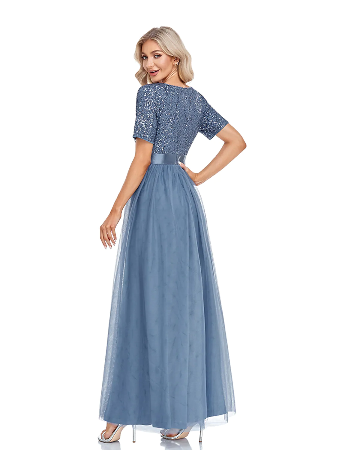 A-Line Evening Gown Elegant Dress Wedding Guest Floor Length Short Sleeve V Neck Tulle with Sequin Splicing - TREBLEV