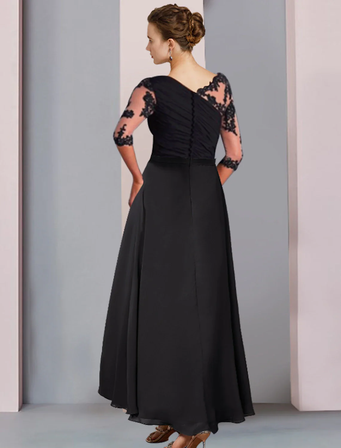 A-Line Mother of the Bride Dress Wedding Guest Elegant High Low Scoop Neck Asymmetrical Tea Length Chiffon Lace Half Sleeve with Appliques Side-Draped - TREBLEV